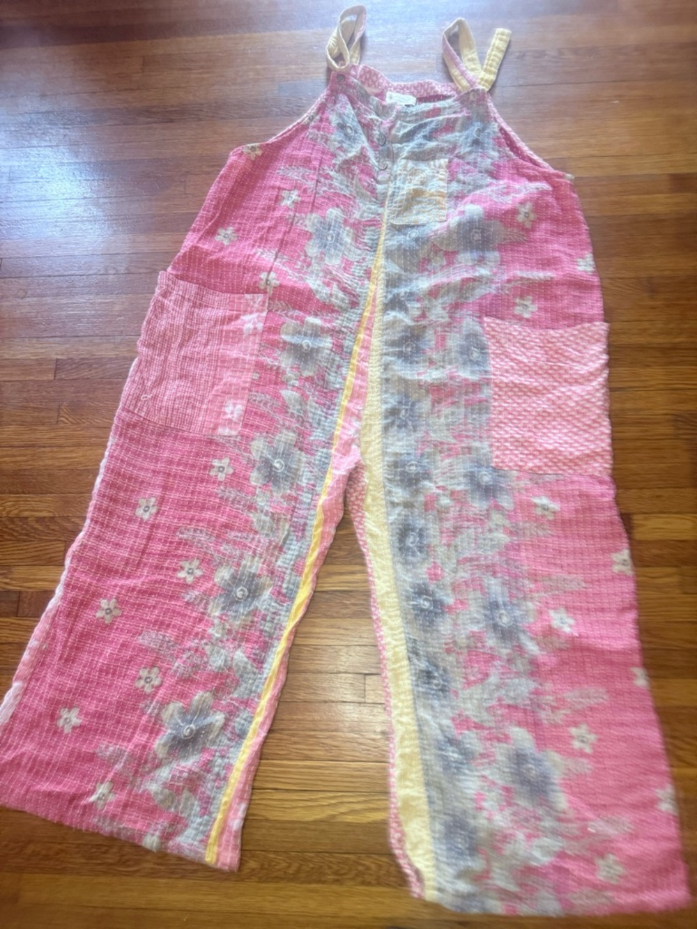 Kantha Bae Pink Floral Cotton Jumpsuit with Yellow Trim